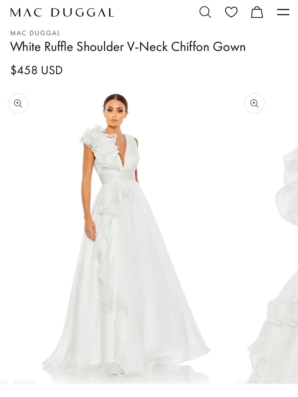 Mac Duggal White One-Shoulder Ruffle V-Neck Chiffon Gown